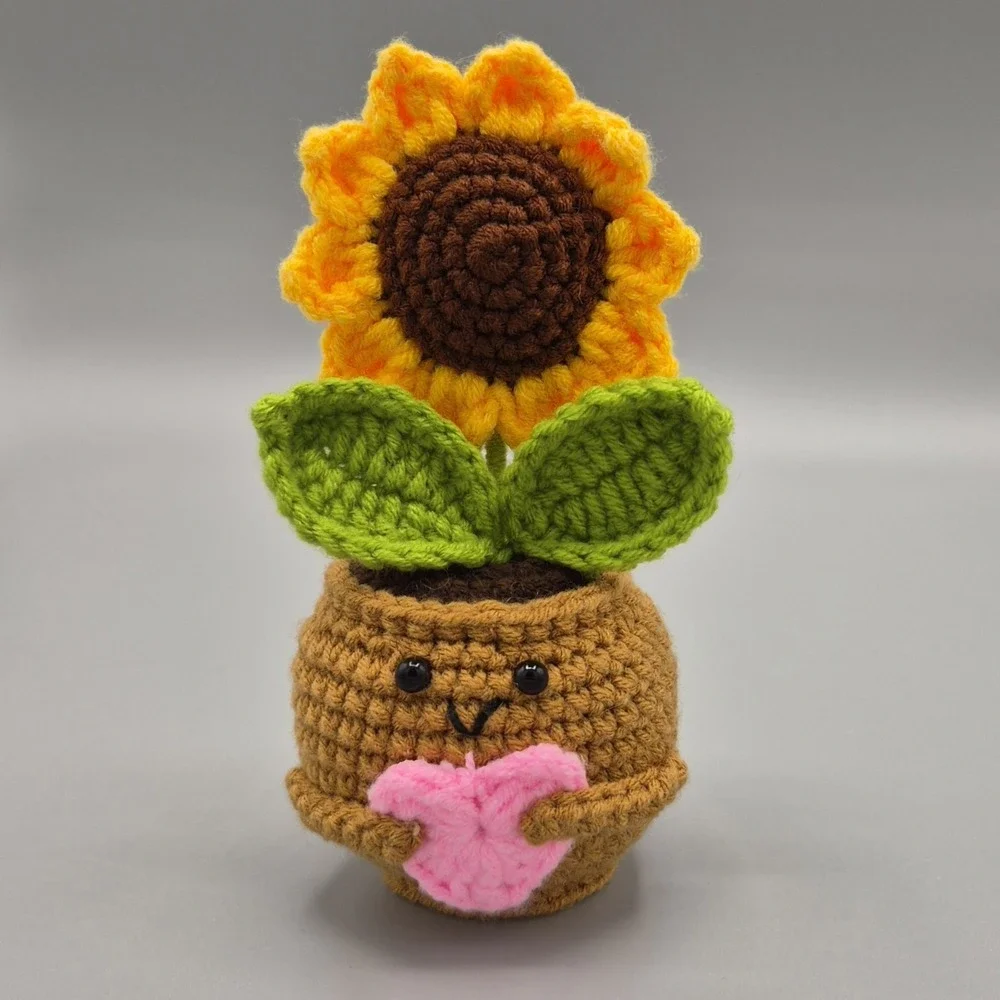 Crochet Sunflower Potted Plant Handmade Amigurumi Smiling Flower Desk Decor Gift
